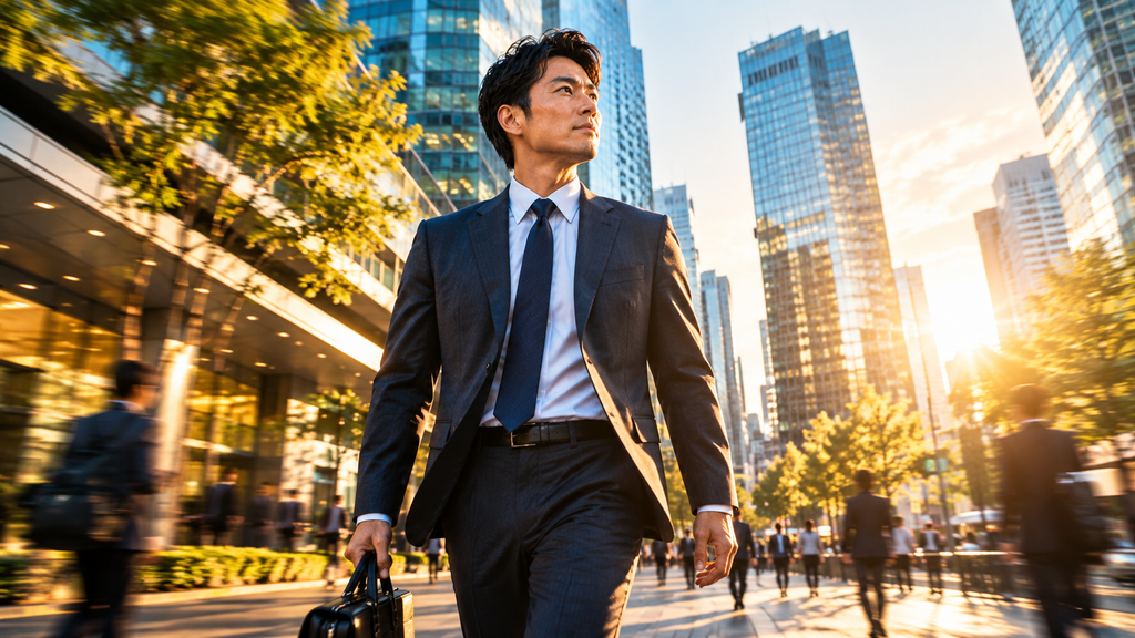 朝のオフィス街を力強く歩くスーツ姿のビジネスパーソン(Audibleで仕事への熱量を取り戻すイメージ)