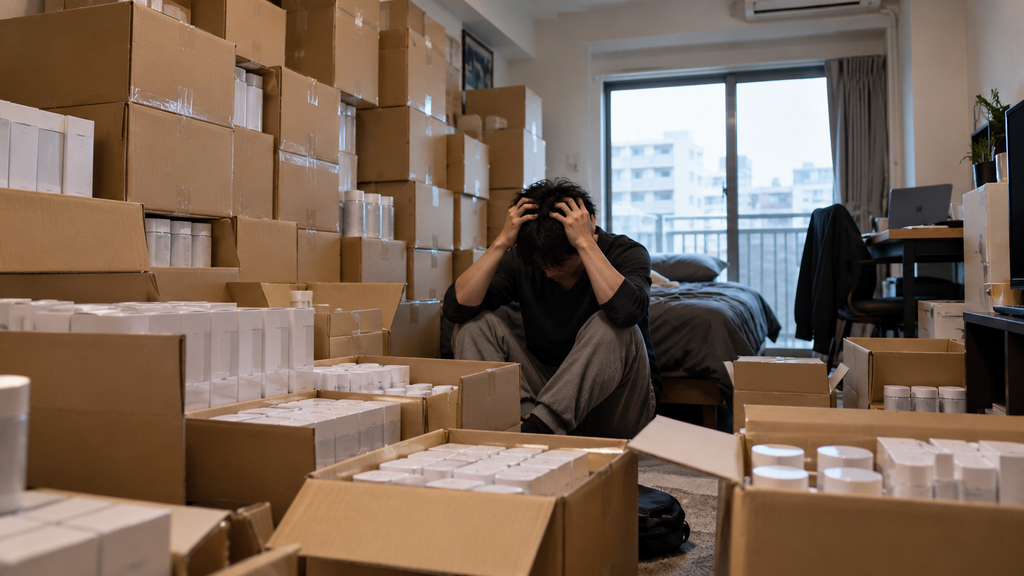 マルチ商法で商品を自費購入し大量の在庫を抱えた人のイメージ