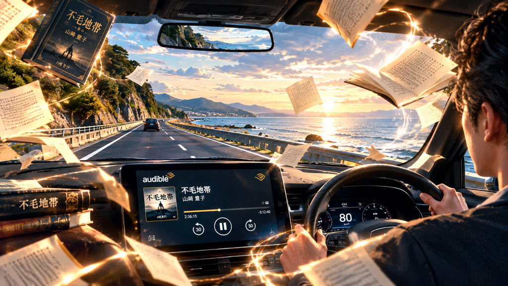 車内でAudibleの『不毛地帯』を聴いているイメージ