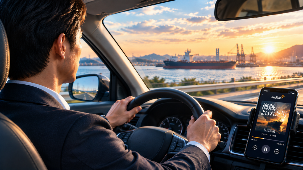 営業車で移動しながらAudibleで『海賊とよばれた男』を聴くイメージ