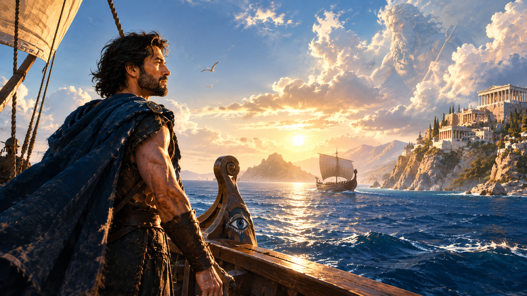 古代ギリシアの海を旅するオデュッセウスをイメージしたイラスト