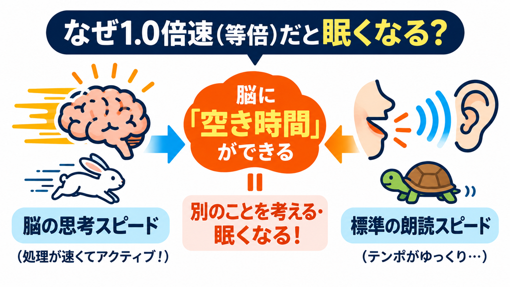 Audibleを1.0倍速で聴くと集中が途切れやすい理由を示した図解