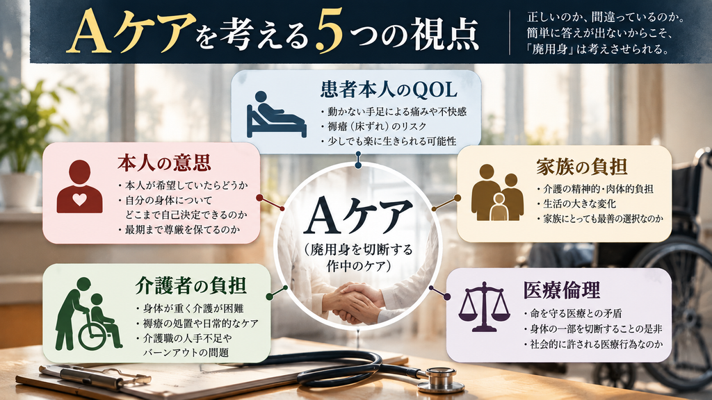Aケアを患者本人のQOL・本人の意思・家族の負担・介護者の負担・医療倫理の5つの視点から考える図