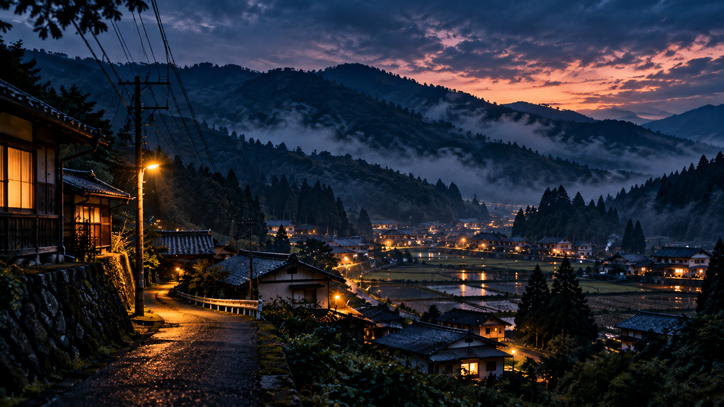 霧に包まれた山あいの集落と夕暮れの風景。静かな田舎町に少し不穏な空気が漂う、『ハヤブサ消防団』の宗教ミステリー要素をイメージした画像。