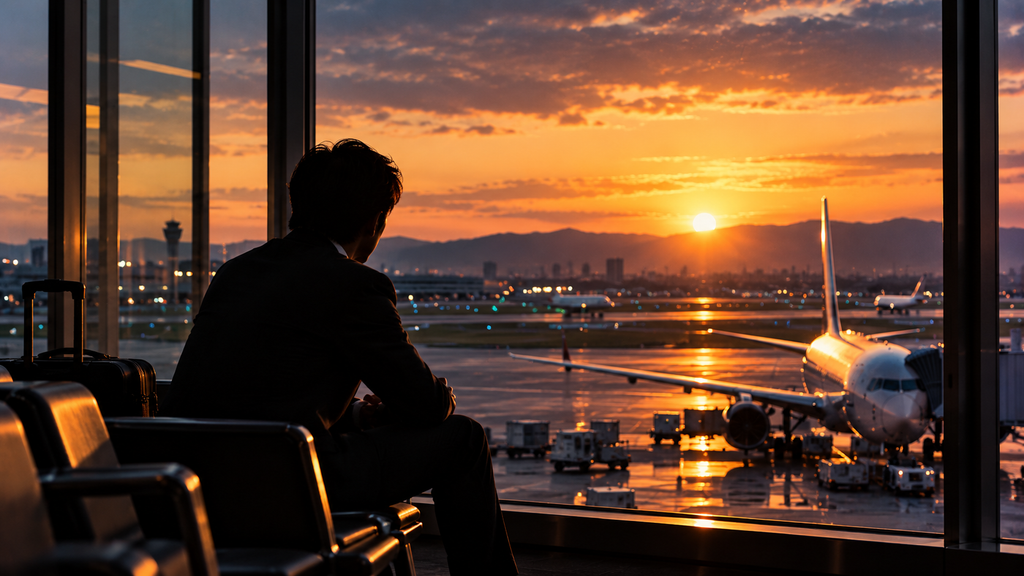夕暮れの空港で飛行機を見つめる人物のイメージ