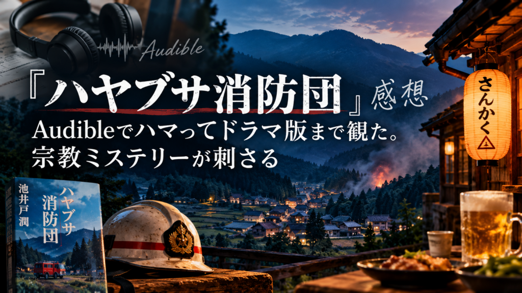 『ハヤブサ消防団』の感想記事アイキャッチ。山あいの集落と居酒屋「さんかく」、消防団のヘルメットやAudibleをイメージしたヘッドホンを描いた画像。