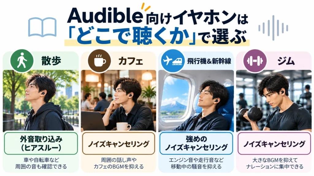 Audible向けイヤホンを散歩・カフェ・飛行機・新幹線・ジムの利用シーン別に選ぶポイント