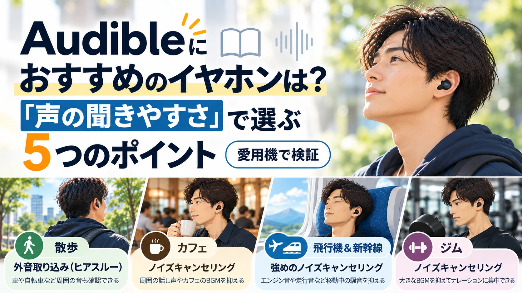Audible向けイヤホンの選び方を散歩・カフェ・飛行機・新幹線・ジムの利用シーン別に紹介