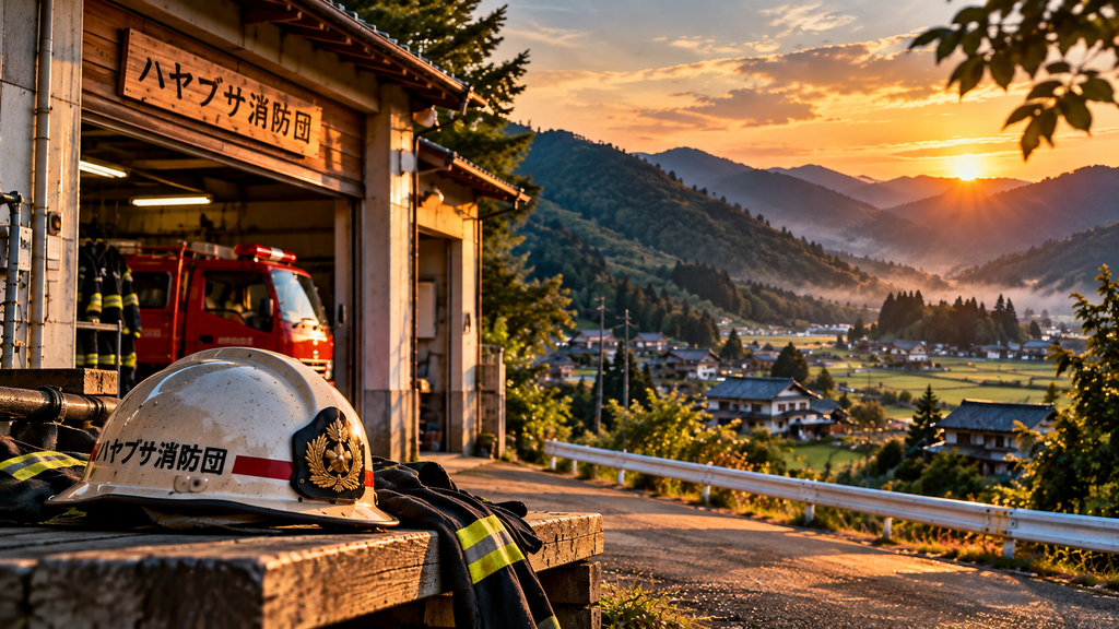 山あいの集落を見下ろす消防団の詰所。夕暮れの風景の中に消防車とヘルメットが置かれ、『ハヤブサ消防団』の田舎の日常をイメージした画像。