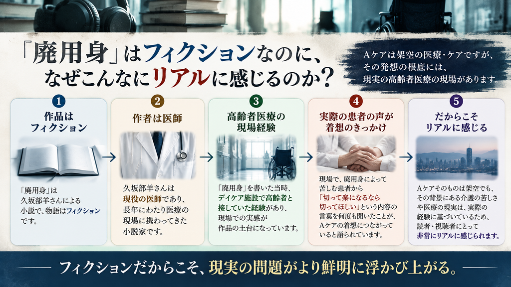 『廃用身』がフィクションなのにリアルに感じる理由を、作者の医師経験や高齢者医療の現場経験から整理した図