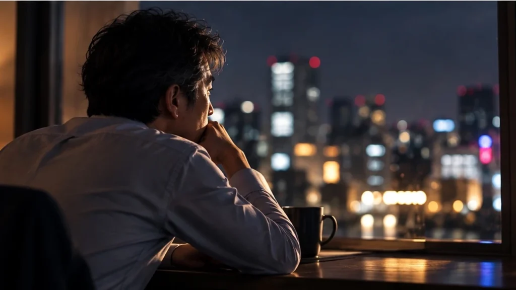 『イン・ザ・メガチャーチ』の久保田をイメージした、夜の街を眺めながら人生を振り返る中年男性