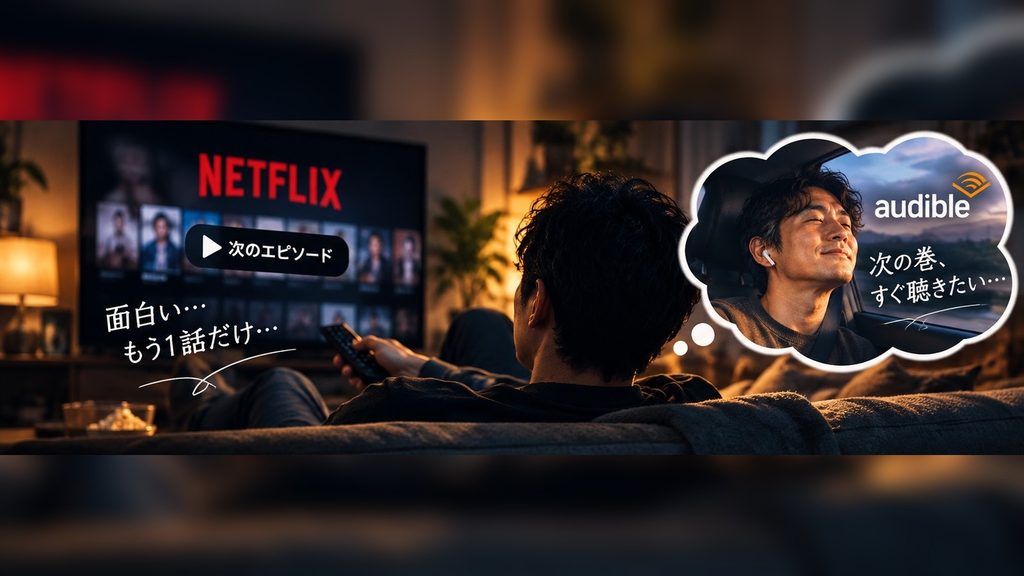 Netflixの一気見とAudibleの次巻をすぐ聴きたい気持ちを対比したイメージ画像