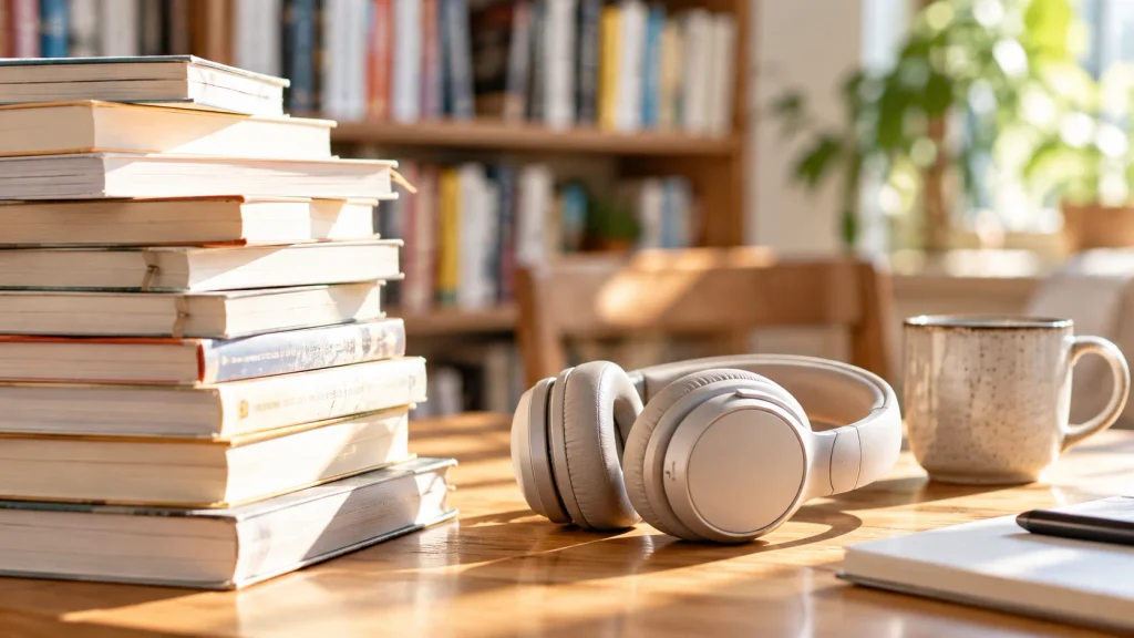 積読の本とヘッドホン|まとまった読書時間がないときに耳で読むイメージ